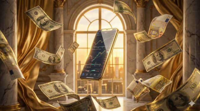 金色的手機被漂浮的鈔票環繞，象徵高價回收與資金流動 / Artistic composition of a golden mobile phone surrounded by floating banknotes, symbolizing high value and cash liquidity.