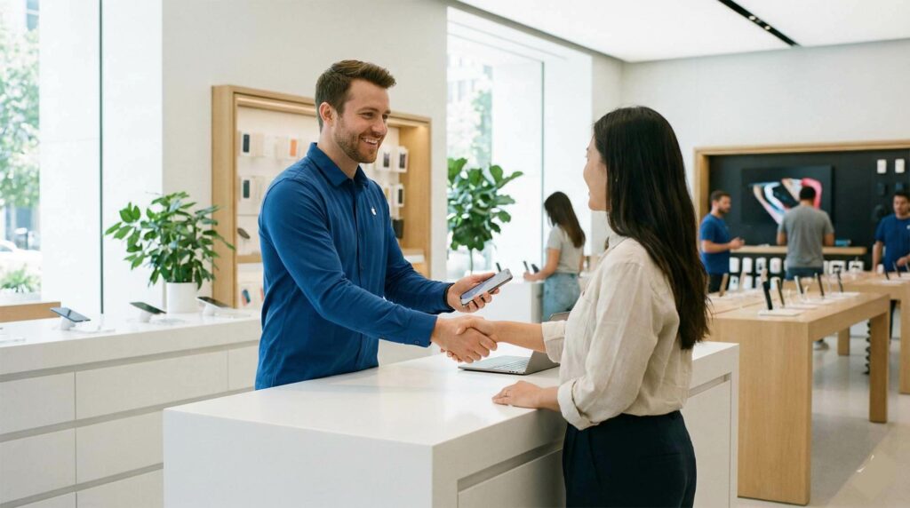 在明亮乾淨的實體店面櫃台進行手機交易示意圖