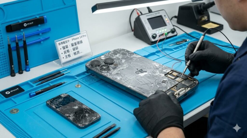專業職人評估螢幕破裂的故障二手手機收購殘值，協助客戶現場停損換現金